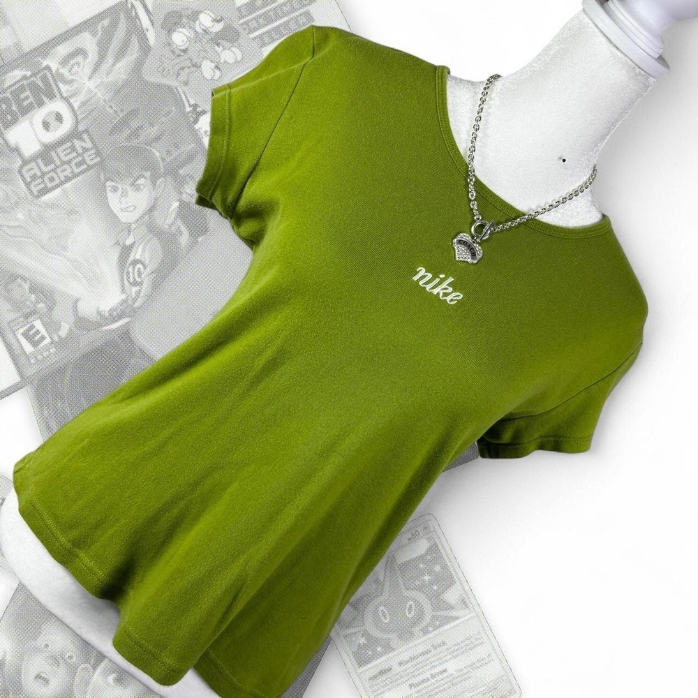 Y2K Lime Green Nike Graphic Embroidered Logo Short Sleeve Fitted Top